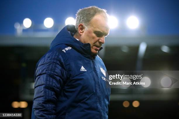 Leeds manager Marcelo Bielsa during the Premier League match between Everton and Leeds United at Goodison Park on February 12, 2022 in Liverpool,...