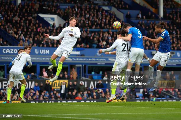 Michael Keane of Everton scores their 2nd goal during the Premier League match between Everton and Leeds United at Goodison Park on February 12, 2022...