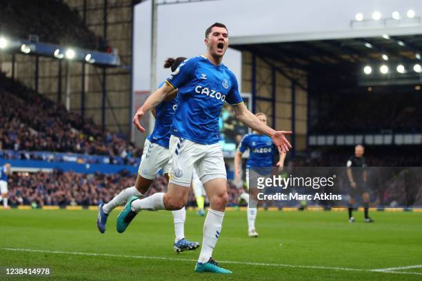 Michael Keane of Everton celebrates scoring their 2nd goal during the Premier League match between Everton and Leeds United at Goodison Park on...