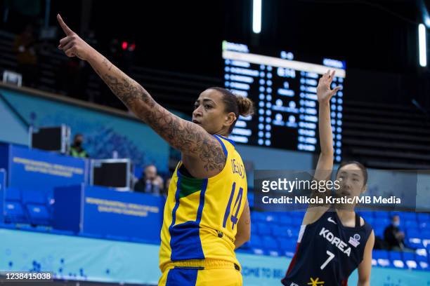 Erika De Souza of Brazil and Hyejin Park of Korea reacts during the FIBA Women's Basketball World Cup Qualifying Tournament match between Brazil v...