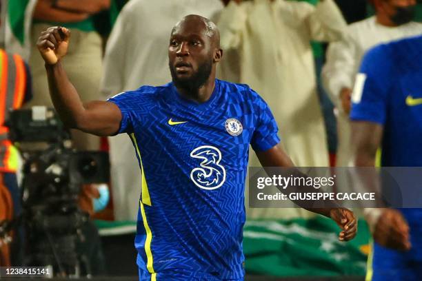 Chelsea's forward Romelu Lukaku reacts after scoring the opening goal during the 2021 FIFA Club World Cup final football match between Brazil's...