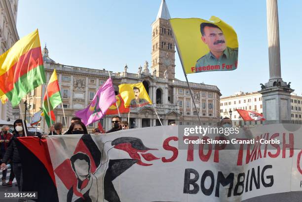 People with a banner saying stop Turkish bombing participate in Free Ocalan, Demonstration calling for the release of Kurdish leader Abdullah Ocalan...