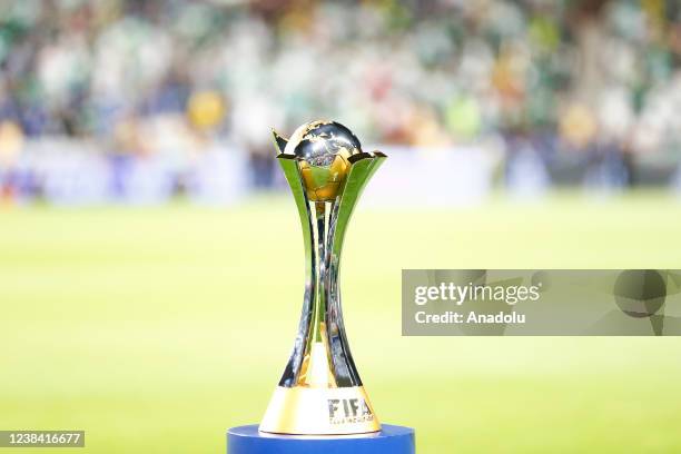 Championship trophy is being displayed at the field prior to the FIFA Club World Cup final match between Chelsea and Palmeiras at Mohammed bin Zayed...