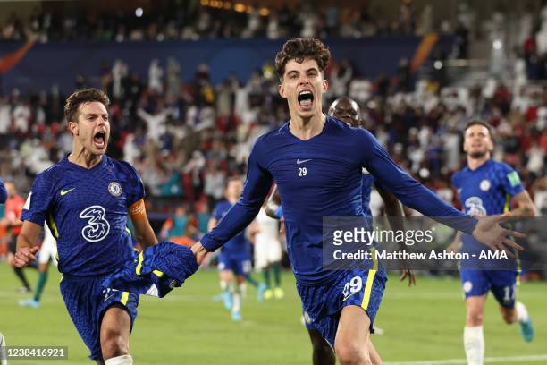 Kai Havertz of Chelsea celebrates after scoring a goal to make it 2-1 during the FIFA Club World Cup UAE 2021 Final match between Chelsea v Palmeiras...
