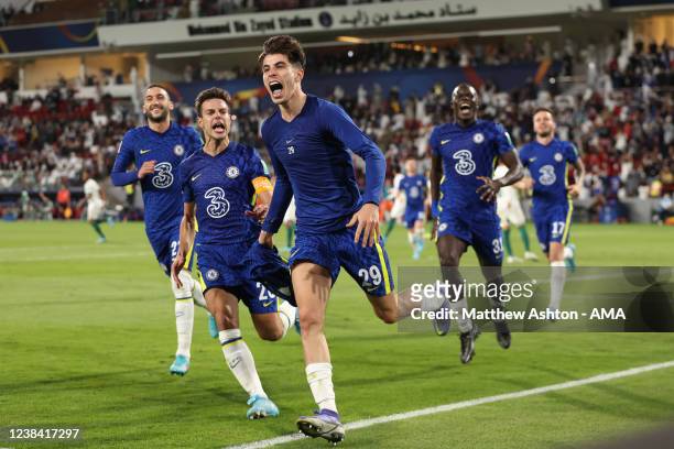Kai Havertz of Chelsea celebrates after scoring a goal to make it 2-1 during the FIFA Club World Cup UAE 2021 Final match between Chelsea v Palmeiras...