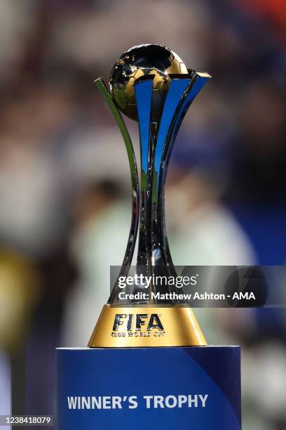 The FIFA Club World Cup UAE 2021 trophy during the FIFA Club World Cup UAE 2021 Final match between Chelsea v Palmeiras at Mohammed Bin Zayed Stadium...
