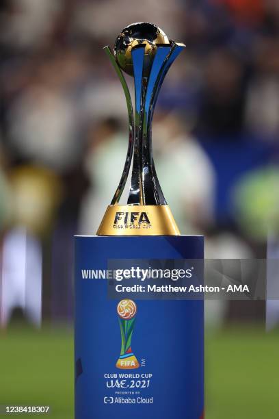 The FIFA Club World Cup UAE 2021 trophy during the FIFA Club World Cup UAE 2021 Final match between Chelsea v Palmeiras at Mohammed Bin Zayed Stadium...