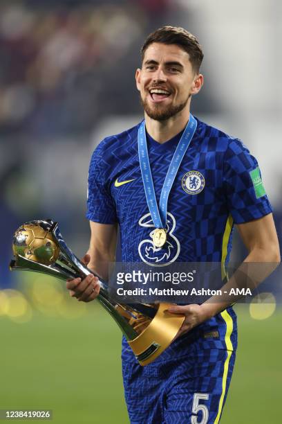 Jorginho of Chelsea celebrates with the trophy during the FIFA Club World Cup UAE 2021 Final match between Chelsea v Palmeiras at Mohammed Bin Zayed...