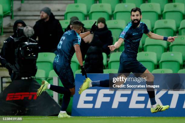 Dimitrios Siovas of Fortuna Sittard celebrates 0-1 with Deroy Duarte of Fortuna Sittard during the Dutch Eredivisie match between FC Groningen v...