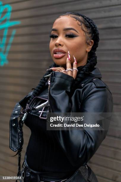 Musical Artist Dream Doll is seen wearing outfit and shoes by Hardware LDN and a jacket by Fashion Nova to NYFW at Spring Studios on February 12,...