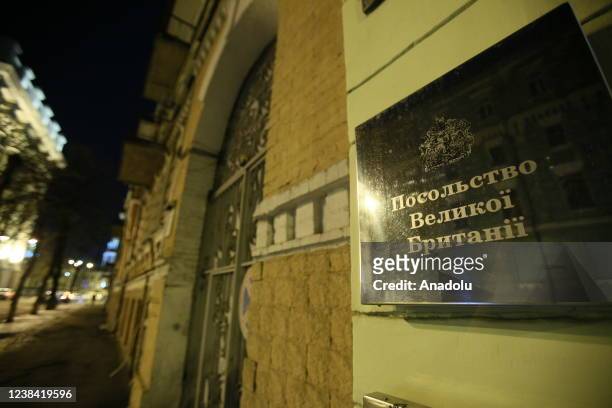 British Embassy on February 12 in Kiev, Ukraine. While tensions between Russia and Ukraine remained high, no flags were visible at the entrance of...