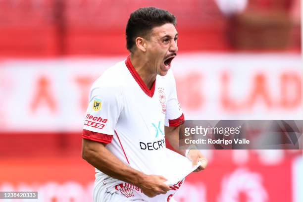 Matias Coccaro of Huracan celebrates after scoring the first goal of his team during a match between Huracan and Lanus as part of Copa de la Liga...