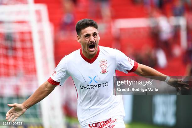 Matias Coccaro of Huracan celebrates after scoring the first goal of his team during a match between Huracan and Lanus as part of Copa de la Liga...