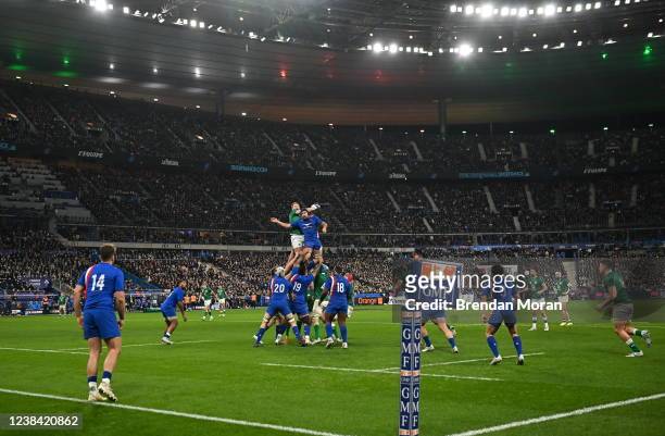 Paris , France - 12 February 2022; Iain Henderson of Ireland and Thibaud Flament of France contest a lineout during the Guinness Six Nations Rugby...