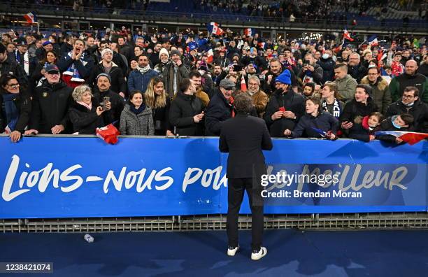 Paris , France - 12 February 2022; France head coach Fabien Galthié celebrates with supporters after the Guinness Six Nations Rugby Championship...