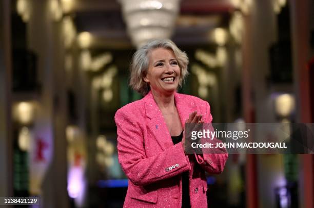 British actress Emma Thompson poses as she arrives at the screening of the film 'Good Luck to You, Leo Grande' by Australian director Sophie Hyde,...