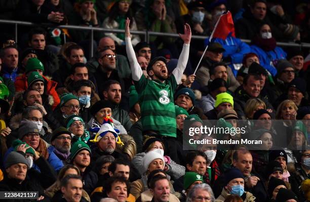 Paris , France - 12 February 2022; An Ireland supporter cheers on his team during the Guinness Six Nations Rugby Championship match between France...