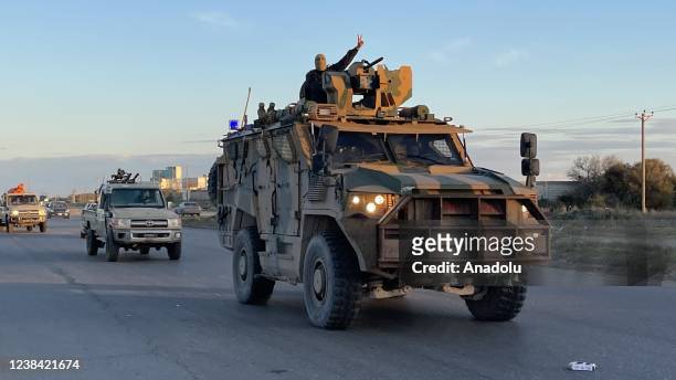 Military convoy including 200 heavily armed military vehicles arrive in the Libya's Capital Tripoli after departing from Misrata on February 12, 2022.