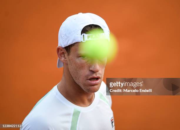 Diego Schwartzman of Argentina looks at the ball during a match against Lorenzo Sonego of Italy at Buenos Aires Lawn Tennis Club on February 12, 2022...