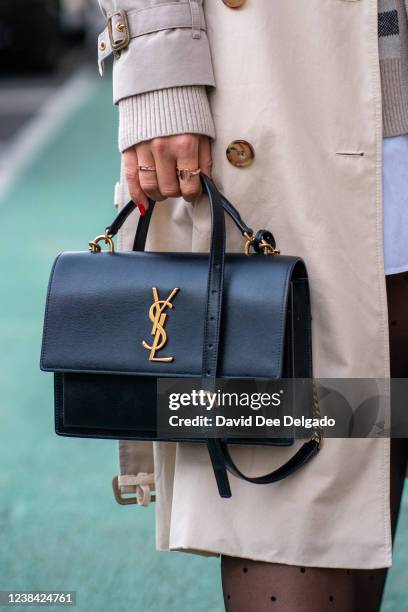 Detail photo of Natalia Levsinas handbag by YSL during NYFW at Spring Studios on February 12, 2022 in New York City.