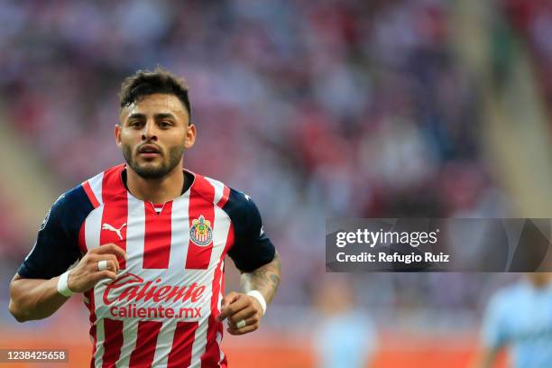 Alexis Vega of Chivas runs on the field during the 5th round match between Chivas and Tigres UANL as part of the Torneo Grita Mexico C22 Liga MX at...