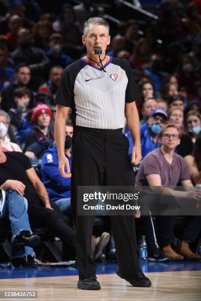 Referee Scott Foster looks on during the Cleveland Cavaliers v Philadelphia 76ers game on February 12, 2022 at the Wells Fargo Center in...