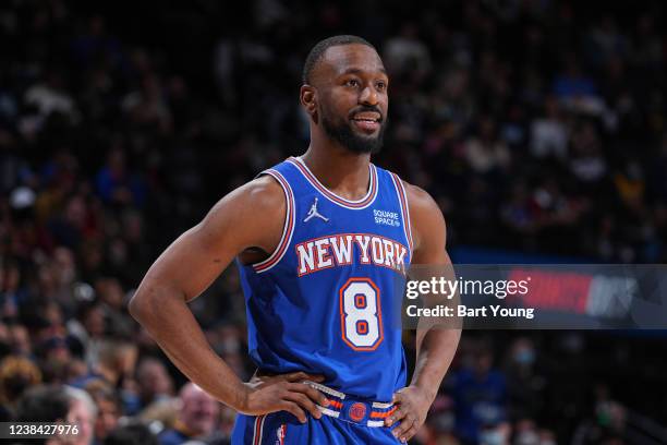Kemba Walker of the New York Knicks looks on during the game against the Denver Nuggets on February 8, 2022 at the Ball Arena in Denver, Colorado....