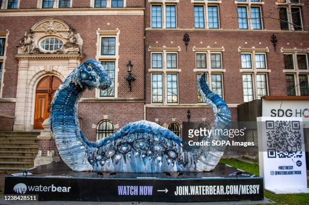 View of a sculpture made from recycled jeans. The sculpture, called Messy, is a representation of Scotlands legendary Loch Ness sea monster. During...