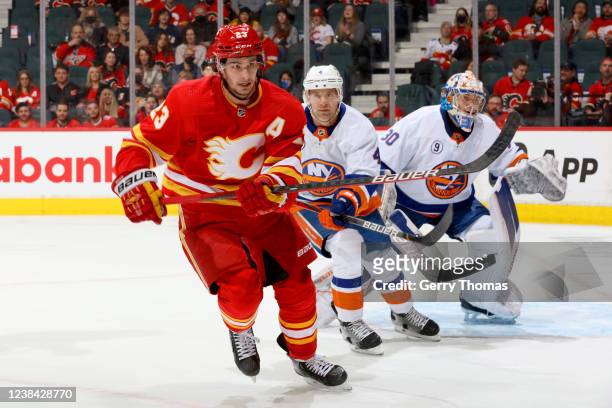 Sean Monahan of the Calgary Flames skates against the New York Islanders at Scotiabank Saddledome on February 12, 2022 in Calgary, Alberta.