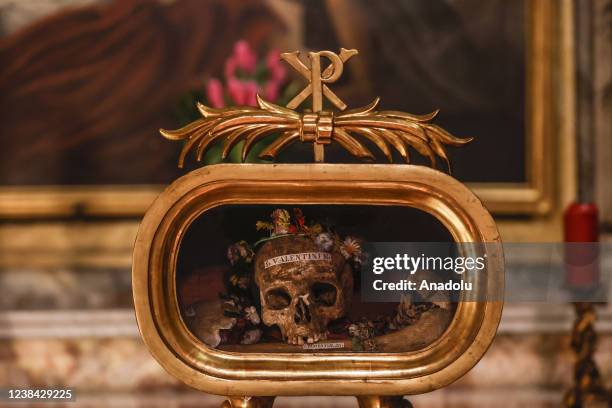 Skull enshrined in a glass reliquary and attributed to St. Valentine, is seen St. Mary in Cosmedin Basilica in Rome, Italy, on February 12, 2022....