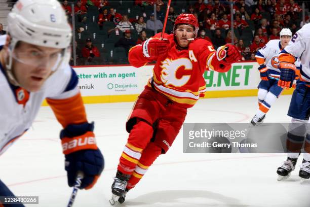 Matthew Tkachuk of the Calgary Flames skates against the New York Islanders at Scotiabank Saddledome on February 12, 2022 in Calgary, Alberta.