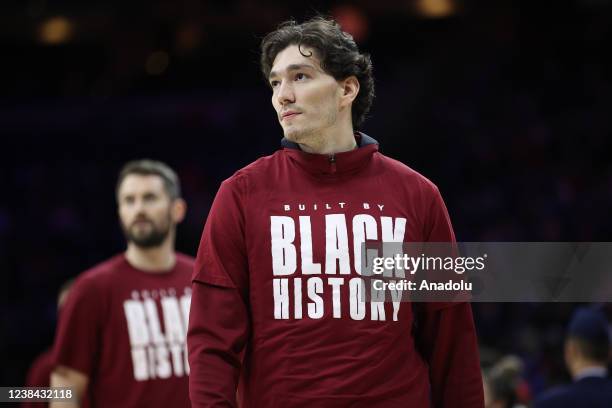 Cleveland Cavaliers player Cedi Osman warms up ahead of the NBA match between Philadelphia 76ers and Cleveland Cavaliers at the Wells Fargo Center in...