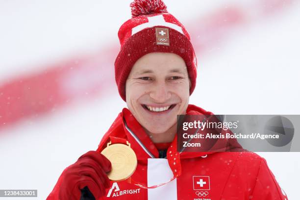 Marco Odermatt of Team Switzerland wins the gold medal during the Olympic Games 2022, Men's Giant Slalom on February 13, 2022 in Yanqing China.