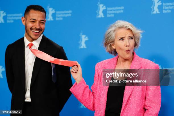 February 2022, Berlin: Actress Emma Thompson and actor Daryl McCormack at the photocall for the film "Good Luck to You, Leo Grande", which runs in...