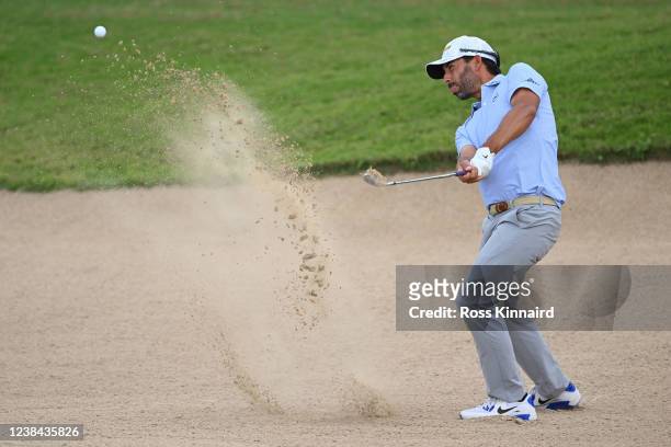 Pablo Larrazabal of Spain hits a bunker shot on the 15th hole during day four of the Ras Al Khaimah Classic at Al Hamra Golf Club on February 13,...
