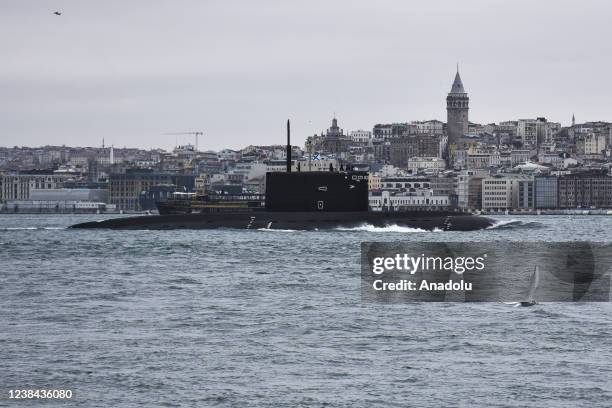 Russia's improved Kilo-class submarine "Rostov-na-Donu" passes through the Bosphorus in Istanbul, Turkiye on February 13, 2022.