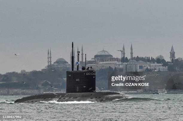 Russian Navy's diesel-electric Kilo class submarine Rostov-on-Don sails with an naval ensign of the Russian Federation, also known in Russian as The...