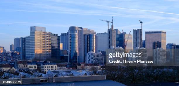 The skyscrapper of the area known as 'Little Manathan' are seen on February 12, 2022 in Brussels, Belgium.
