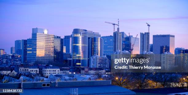 The skyscrapper of the area known as 'Little Manathan' are seen on February 12, 2022 in Brussels, Belgium.