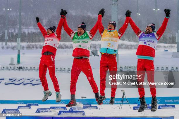 Russia Team of Team Russia celebrates during the Olympic Games 2022, Men's Cross Country Relay on February 13, 2022 in Zhangjiakou China.