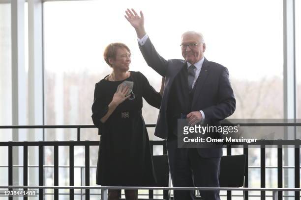 German President, Frank-Walter Steinmeier waves after his re-election at the gathering of the Federal Assembly to elect Germany's next president on...
