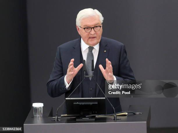 New elected German President Frank-Walter Steinmeier speaks during the Federal Assembly at the Paul Loebe Haus on February 13, 2022 in Berlin,...