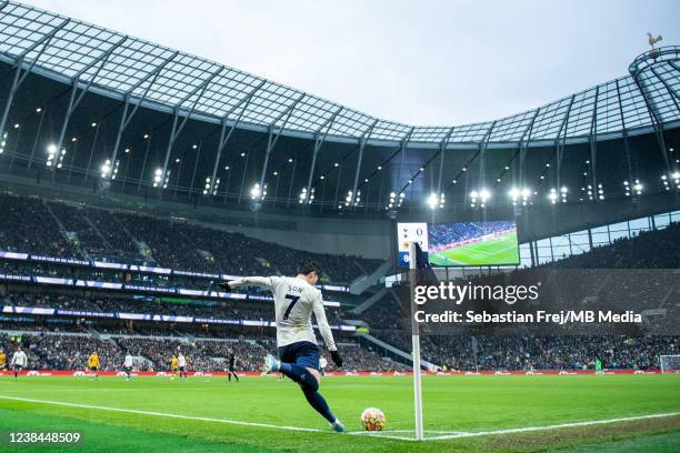 Son Heung-min of Tottenham Hotspur takes a corner kick during the Premier League match between Tottenham Hotspur and Wolverhampton Wanderers at...