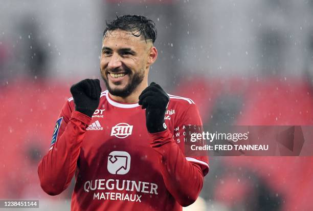 Brest's Algerian midfielder Youcef Belaili reacts during the French L1 football match between Stade Brestois 29 and Troyes at the Francis-Le Ble...