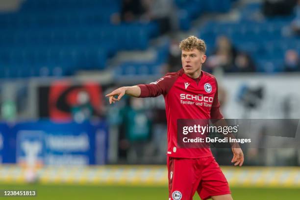 Robin Hack of Arminia Bielefeld gestures during the Bundesliga match between TSG Hoffenheim and DSC Arminia Bielefeld at PreZero-Arena on February...