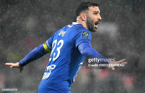 Troyes' French defender Adil Rami reacts during the French L1 football match between Stade Brestois 29 and Troyes at the Francis-Le Ble stadium, in...