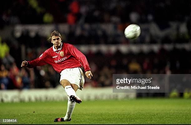 David Beckham of Manchester Utd in action during the UEFA Champions League Group D match between Manchester United and Olympique Marseille played at...
