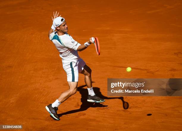 Diego Schwartzman of Argentina hits a forehand during a Men's Singles Final match against Casper Ruud of Norway at Buenos Aires Lawn Tennis Club on...