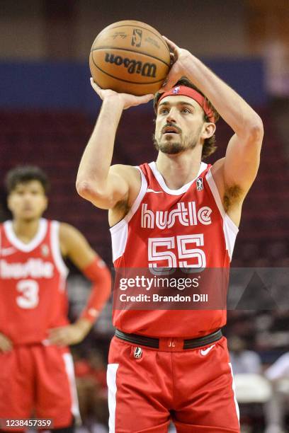 David Stockton of the Memphis Hustle shoots a free throw during an NBA G-League game against the Oklahoma City Blue on February 13, 2022 at Landers...