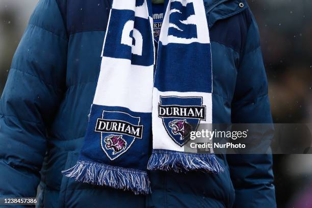 Fan wearing Durham branded merchandise during the FA Women's Championship match between Durham Women FC and Bristol City at Maiden Castle, Durham...